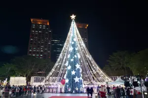 天幕式耶誕樹位在市民廣場,從另一側可以看到耶誕樹上半身,更顯得浪漫優雅。(圖/記者陳明中攝) ▲天幕式耶誕樹位在市民廣場,從另一側看到耶誕樹僅上半身,顯得浪漫優雅。(圖/記者陳明中攝)