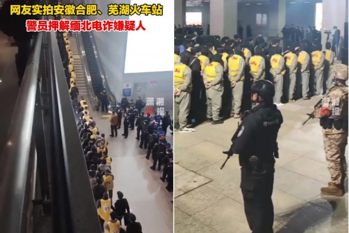 ▲緬北電詐營區遭清剿，中國多地火車站出現大批嫌犯被押解回國，荷槍實彈的武警在旁戒護，讓中國網友笑稱真的是「依警還鄉」了。（合成圖／翻攝自微博）