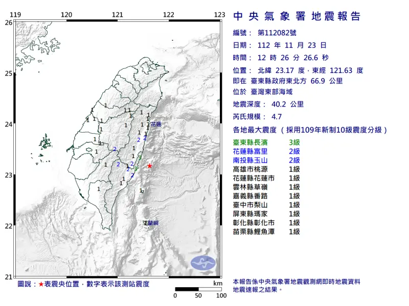 ▲今（23）日中午12時16分，台東縣外海發生芮氏規模4.6地震。（圖／中央氣象署提供）