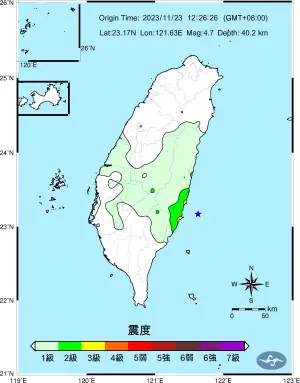 ▲台東縣外海發生芮氏規模4.6地震，本起地震觀測到最大震度為3級。（圖／中央氣象署提供）