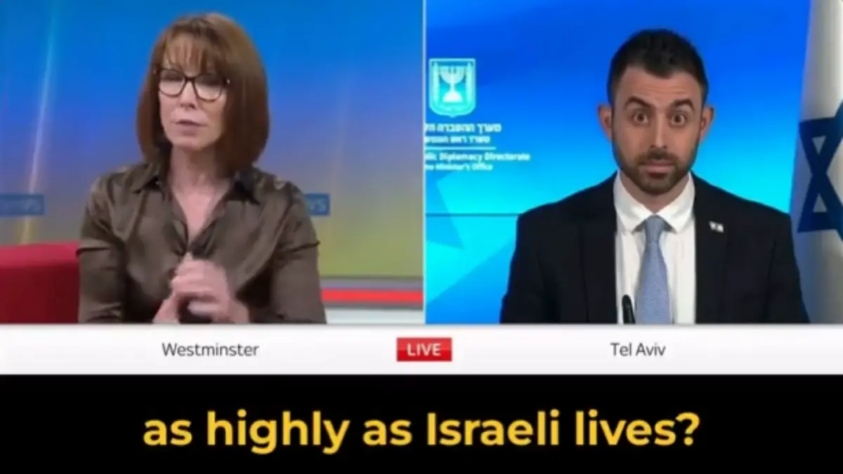 ▲以色列政府發言人萊維接受英媒訪問時，被主持人質疑「是否認為巴勒斯坦人命不如以色列的值錢」時，吃驚的瞪大雙眼。（圖／擷取自影片）