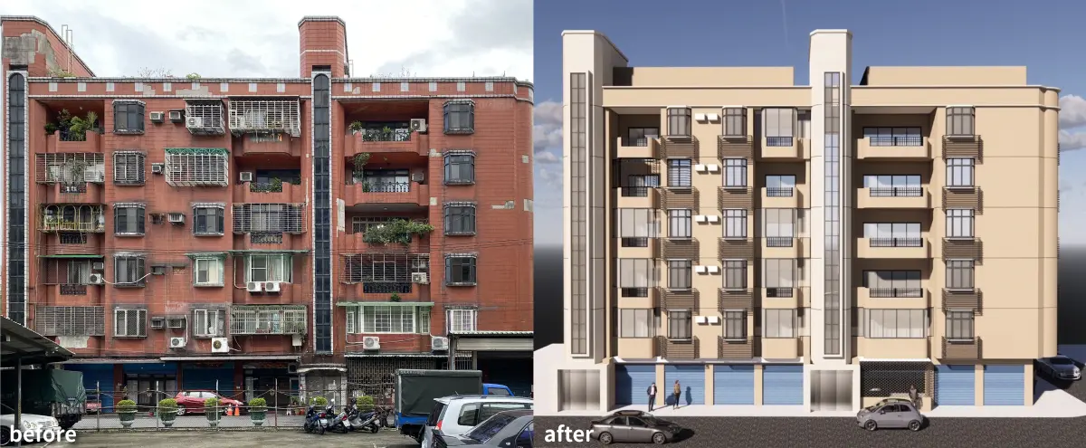▲為推動多元都更，新北市新北市政府都市更新處審議會通過中和華安街6層樓華廈都市更新立面修繕案，圖為更新前後比較。（圖 ／新北市政府都市更新處提供）
