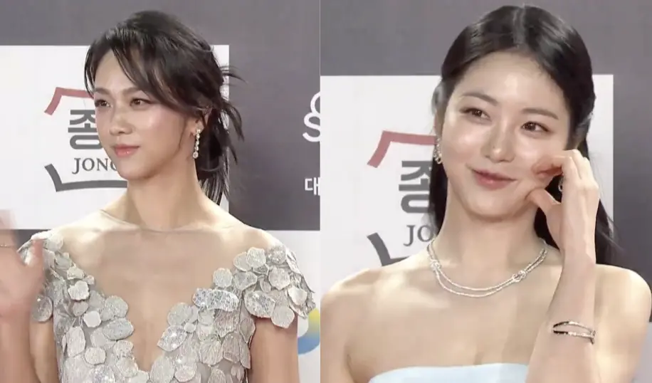 ▲湯唯（左圖）包緊緊走上青龍紅毯，力拚小19歲「小涎鎮」辛叡恩（右圖）。（圖／翻攝《KBS Entertain》頻道）