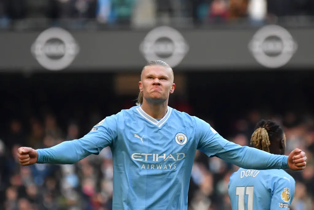 ▲英超曼城「魔人」「魔人」前鋒哈蘭德（Erling Haaland）踢進生涯第50球，僅用了48場締造英超歷史最速紀錄。（圖／美聯社／達志影像）