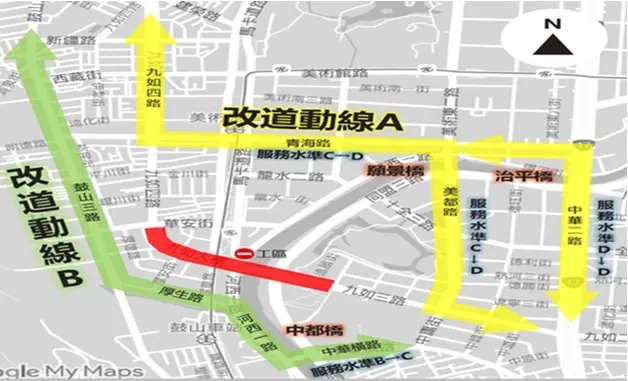 ▲高雄鐵路地下化【九如橋】改建工程，高市府工務局新工處於即日至12月3日封閉河西路、同盟路橋下涵洞口，請用路人提早改道通行。(圖／高市警交通大隊)