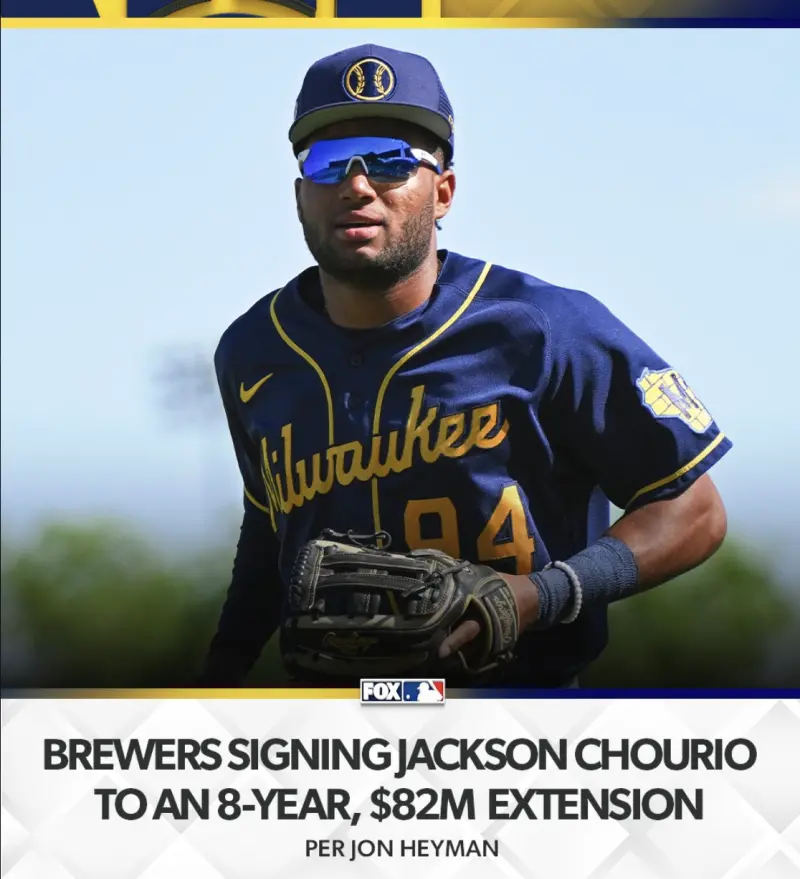 ▲記者Jon Heyman表示，現年19歲的Jackson Chourio與釀酒人簽下一張保障8年8200萬美元，與附帶2年2500萬美元選擇權，外加200萬美元買斷金，若所有的選擇權加上激勵獎金都達成，合約最高總額將來到1.425億美元。（圖／取自FOX Sports: MLB官方推特）