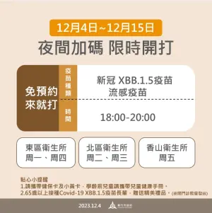 ▲新竹市三區衛生所自今（4）日起至12月15日止，共計兩週時間，加碼開設夜間門診接種時段，提供新冠XBB疫苗及流感疫苗的接種服務。（圖／新竹市政府提供）