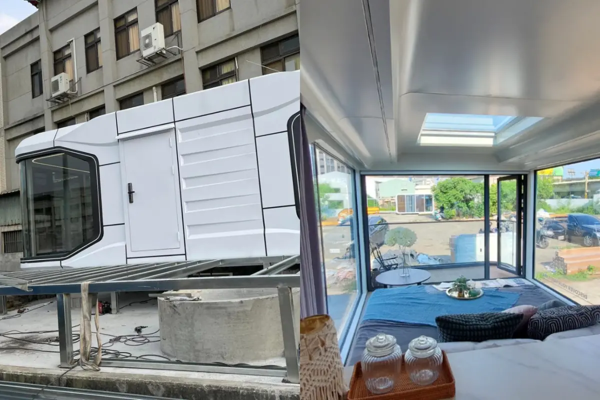 ▲近期台灣及中國突然流行起「太空艙」房屋，一間最低價甚至不到100萬，且還是移動式房屋，整體看起來相當具有科技感。（圖／翻攝自「路上觀察學院」臉書社團、TikTok）