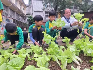 ▲六年一班學生們與劉仲成一起收成種植的蔬菜，並將新鮮食材帶至特色餐教室進行烹調。（圖／桃園市教育局提供）