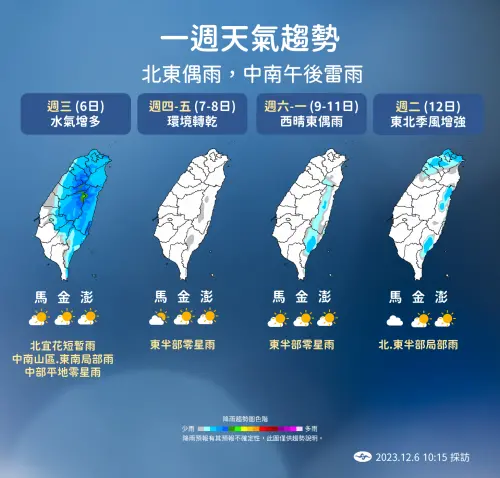 ▲今晚開始水氣減少，各地未來幾天都是多雲到晴，僅迎風面東半部地區有局部短暫雨。（圖／中央氣象署提供）