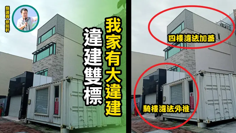 ▲馬文君指蔡銘軒住處有違建，不僅頂樓違法加蓋、騎樓也違法外推。（圖／馬文君競總提供，2023.12.08）