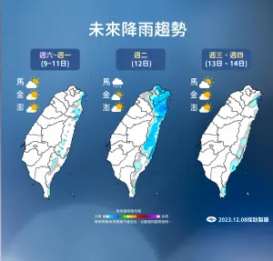 下周二則有明顯天氣轉變,隨著鋒面通過,加上東北季風增強,北部、東北部有局部短暫雨,中南部多雲到晴。(圖/中央氣象署) ▲下周二則有明顯天氣轉變,隨著鋒面通過,加上東北季風增強,北部、東北部有局部短暫雨,中南部多雲到晴。(圖/中央氣象署)