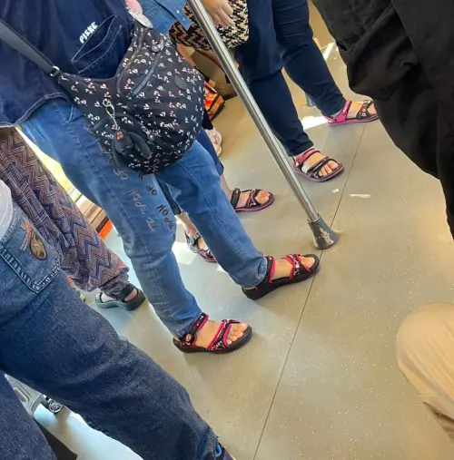 ▲網友最近搭乘捷運時，發現有三位乘客的拖鞋竟然都是同款，讓她感到非常新奇。（圖/路上觀察學院）