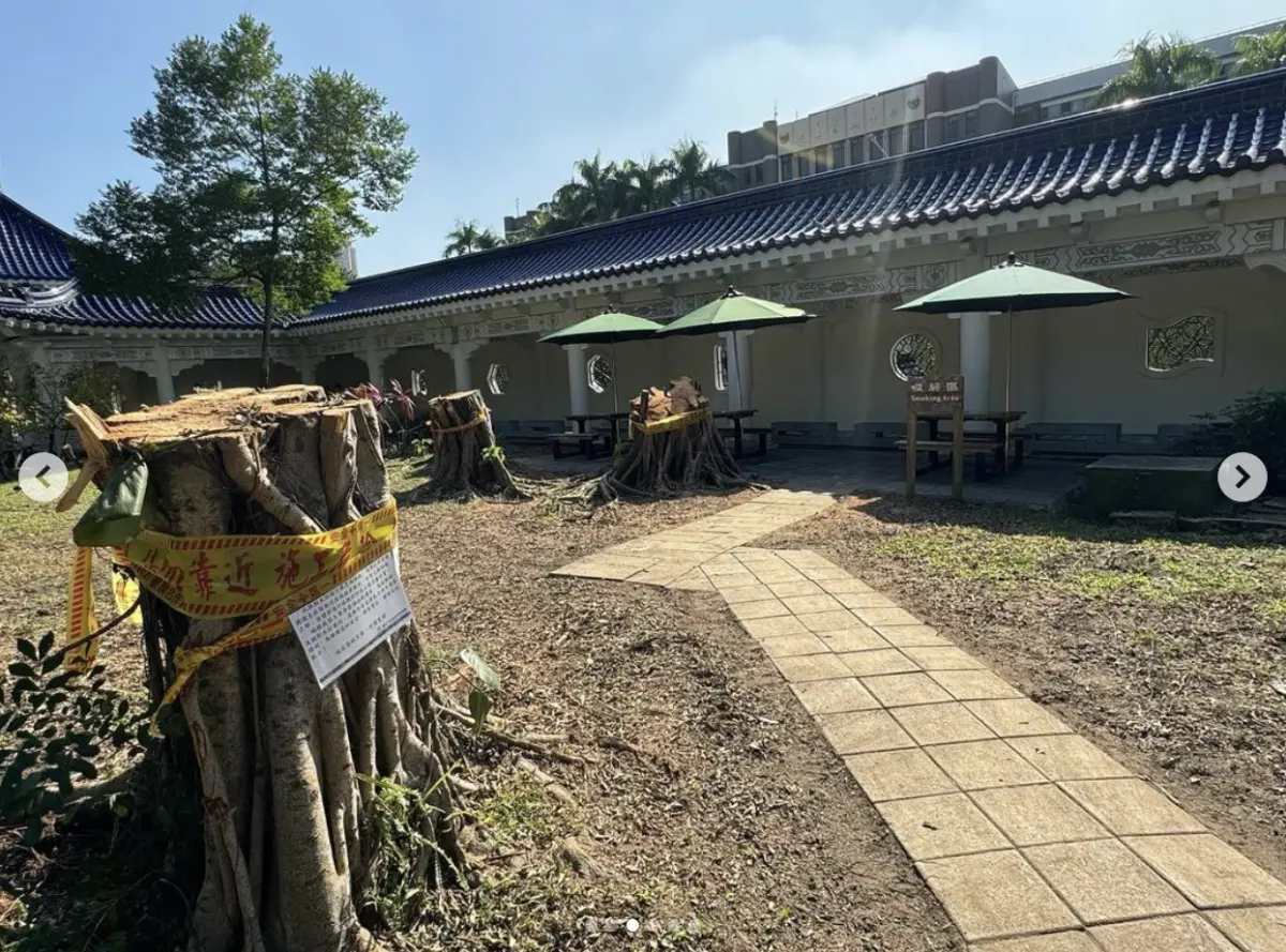 ▲邰智源11日在IG貼出照片，痛批中正紀念堂把某個入口處的樹砍掉，改設置吸菸區的作法可笑且荒唐。（圖／翻攝自邰智源IG）