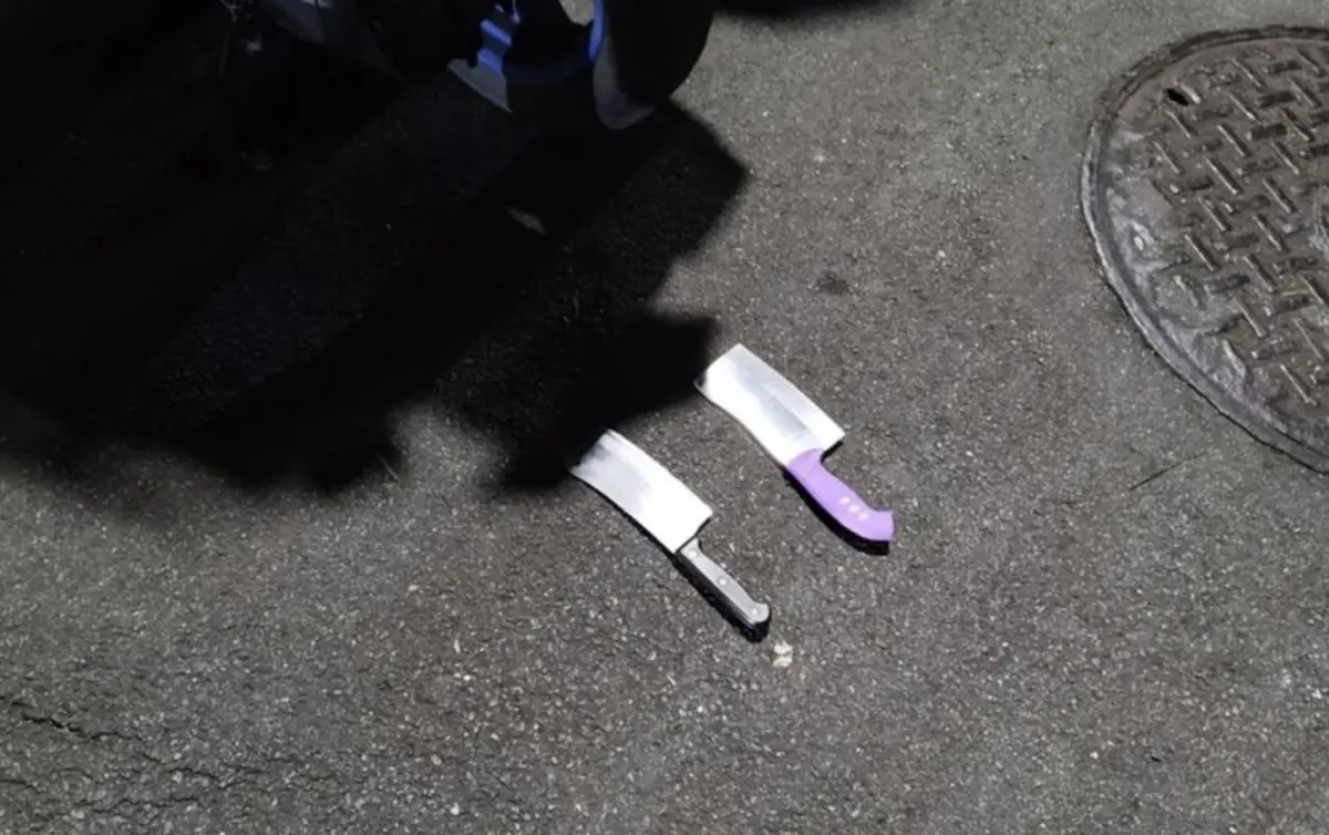 ▲13日晚間8時許，北市北投區有一對父子在立農公園附近散步到一半，發現住在附近公寓的林姓男子在2樓喝酒大吼大叫，於是出言制止，豈料林姓男子竟手持2把刀衝下樓理論，警方獲報旋即抵達將林嫌帶回偵訊。（圖／翻攝畫面）