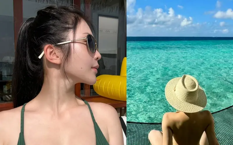 ▲鄭家純分享在馬爾地夫日光浴美照，不只胸前大開，還有上空全裸秀美背。（圖／鄭家純臉書）