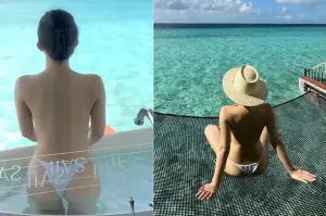 ▲鄭家純在無邊際海上大解放，裸上身日光浴。