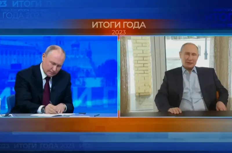 ▲14日在俄國總統的年度記者會上，出現「AI蒲亭」（右）與真身（左）對話的戲劇化場面。（圖／擷取自影片）