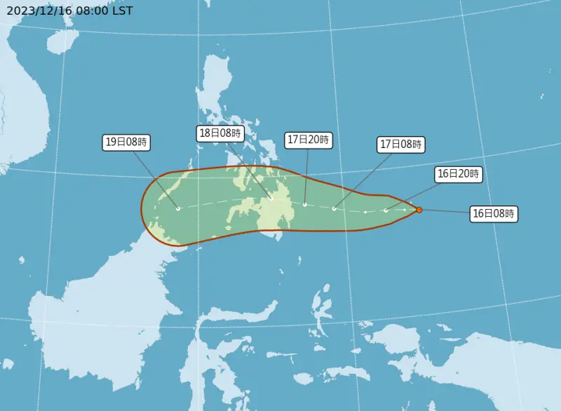 ▲菲律賓東方海面熱帶性低氣壓生成，最快有可能在24小時內生成今年第17號颱風「鯉魚」。（圖／中央氣象署）