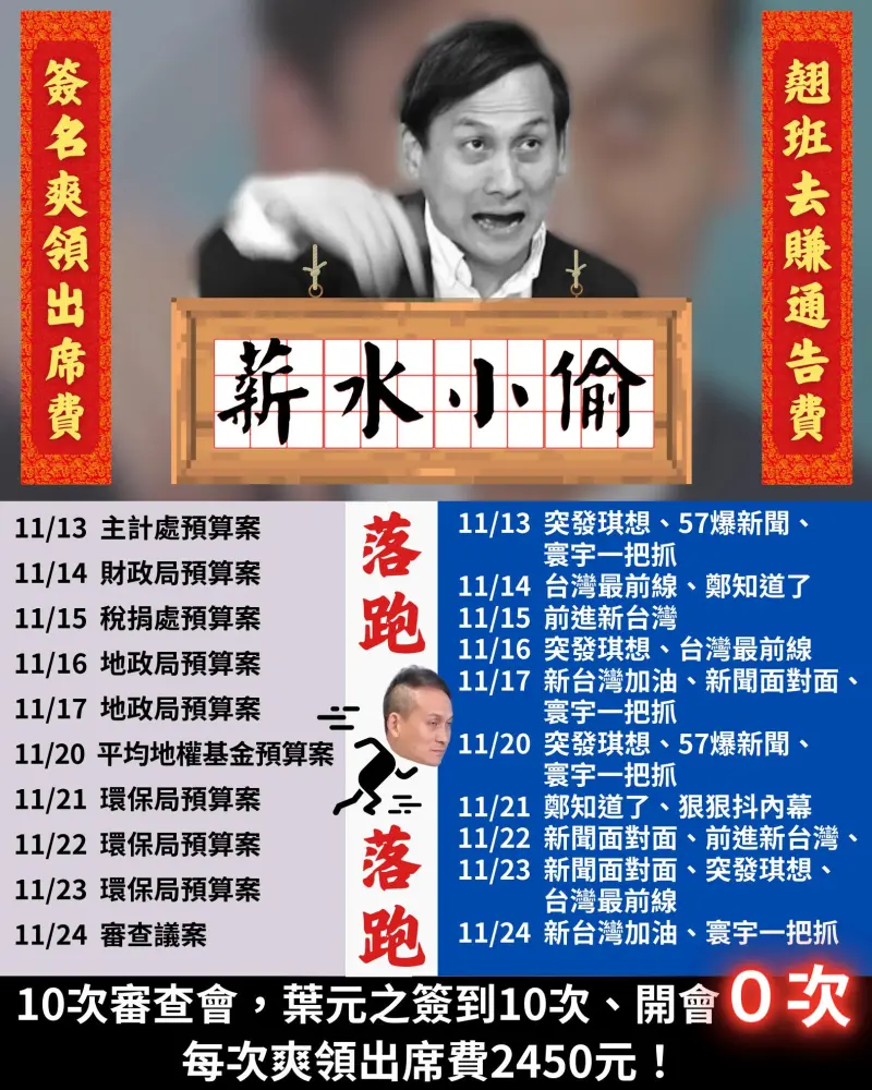 ▲羅致政羅列出葉元之議會簽到不開會，10天爽領2萬4500元，卻跑去上政論節目，質疑是薪水小偷。（圖／翻攝自羅致政臉書）