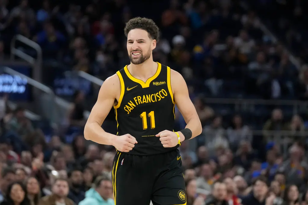 ▲Klay Thompson命中5三分、貢獻28分，幫助勇士以118:114擊敗拓荒者，拿下2連勝。（圖／美聯社／達志影像）