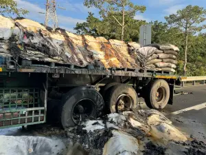 聯結車左後輪突起火!國1楠梓段飄濃煙 空氣中瀰漫「焦糖味」