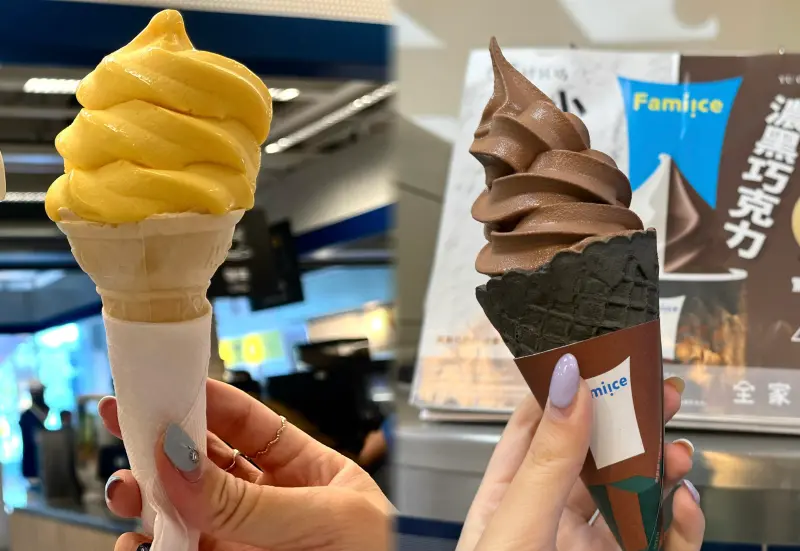 ▲IKEA 2023期間限定霜淇淋，芒果口味（左）成為熱銷王者，比拼超夯的全家霜淇淋（右）。（圖／記者鍾怡婷攝）
