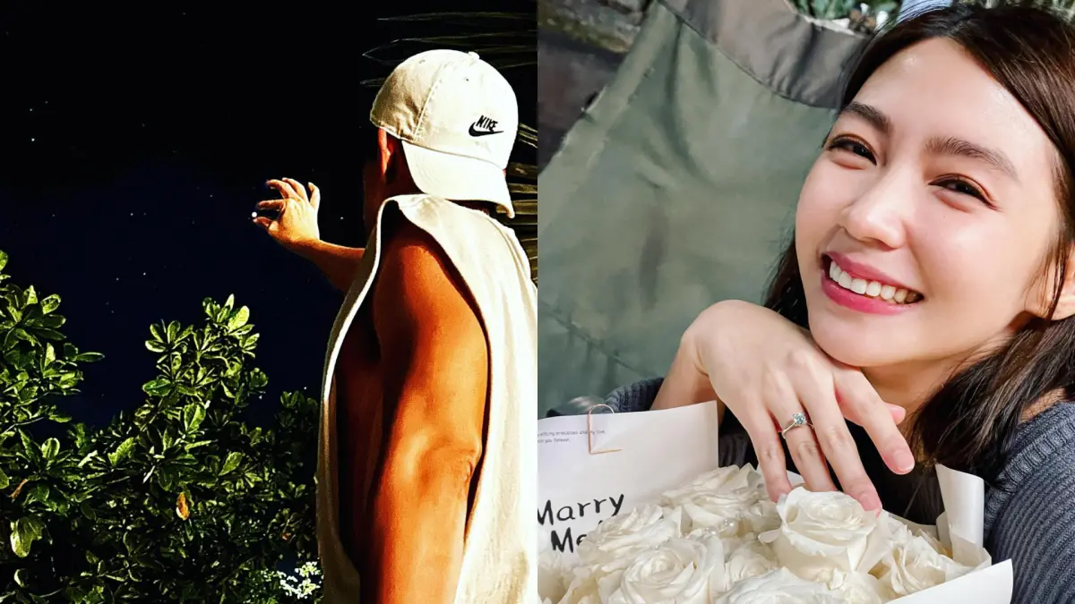 ▲陳志強（左）在老婆曾智希34歲生日這天，送出一枚超大鑽戒和一束白玫瑰，浪漫地補上求婚儀式，把粉絲們通通閃瞎。（圖／陳志強FB）