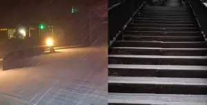 ▲宜蘭太平山森林遊樂園園區內21日深夜下雪，目前清晨木棧道仍然結冰狀態。（圖/太平山森林遊樂園提供）