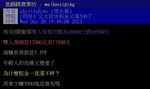 ▲網友爆凱旋苑單人房租金又漲500元。（圖／翻攝PTT）