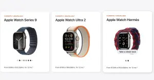 ▲實際查看美國蘋果官網，可以發現包含Apple Watch Series 9、Apple Watch Ultra 2、最新版的Apple Watch Hermès等都出現「Currently Unavailable」不可販售的字樣，但台灣則不受影響。（圖／翻攝官網）