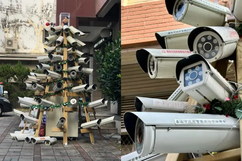 ▲近日台南市永康分局永信派出所前的「無死角聖誕樹」就引起熱議，只見上頭全都是由廢棄監視器組成，且還360度裝充滿整顆聖誕樹。（圖／翻攝自臉書粉專「台南式 Tainan Style」）