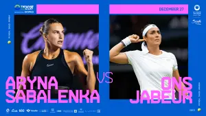 ▲2023年12月27日至28日的《利雅德季網球賽》(Riyadh Season Tennis Cup)將帶來兩組頂尖對決，男子組由諾瓦克·喬科維奇(Novak Djokovic)對上卡洛斯·艾卡拉茲(Carlos Alcaraz)，女子組由阿莉娜·莎芭蓮卡(Aryna Sabalenka)出戰昂絲·加博(Ons Jabeur)（圖／DAZN提供）