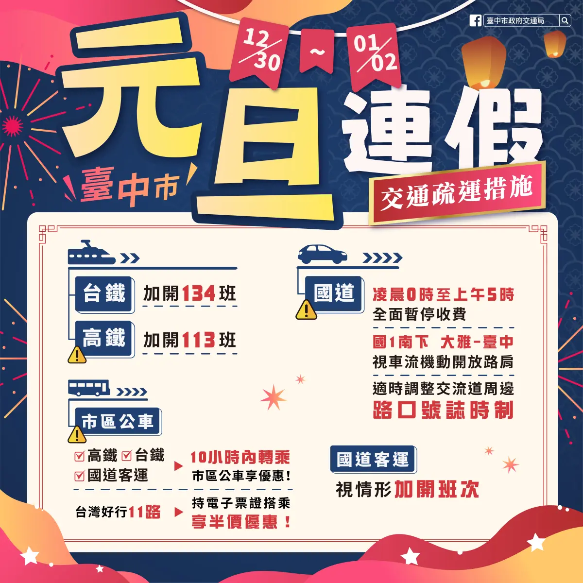 ▲元旦連假交通疏運措施(圖／交通局提供2023.12.27)