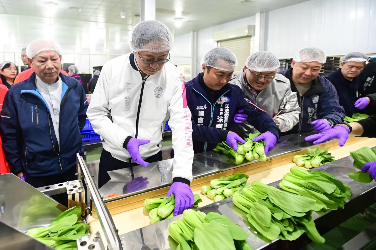 ▲張善政今天上午前往新屋區力青農場，體驗智慧蔬菜輸送帶，及參觀各項省工高效農機、蔬菜冷藏庫及18家智農示範場域的成果。（圖／桃園市政府提供）