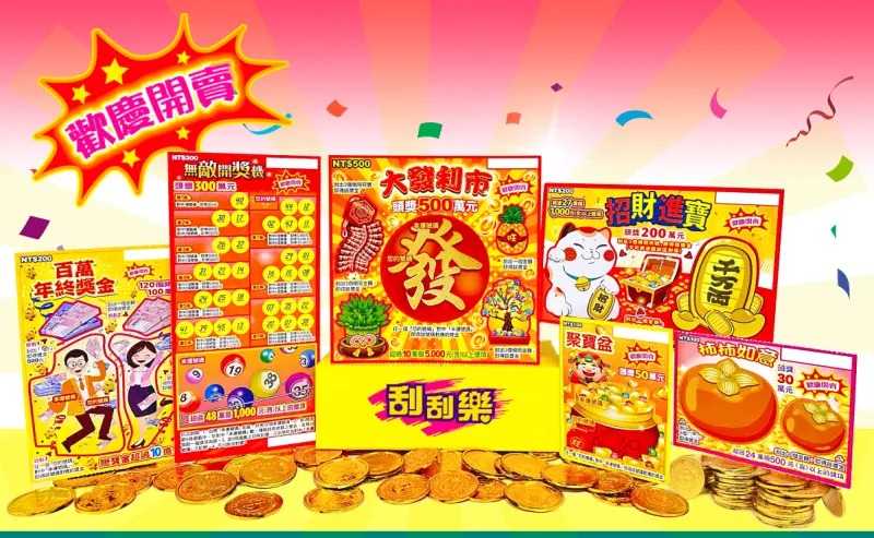 ▲刮刮樂也在第5屆首日隆重推出包含「大發利市」共6款新品,總獎項超過1593萬個,總獎金逾新台幣65億元。(圖/台灣彩券公司提供)