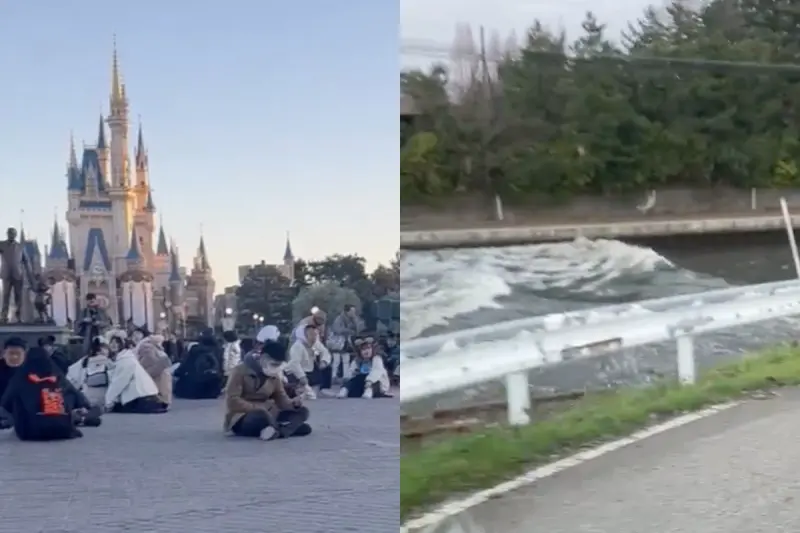 ▲日本石川縣能登地區發生規模7.6強震，不僅東京迪士尼樂園遊客嚇壞避難，也有人曬出富山市萩浦橋水道畫面，目睹海浪已經一波一波正在往前撲進。（圖／翻攝X）