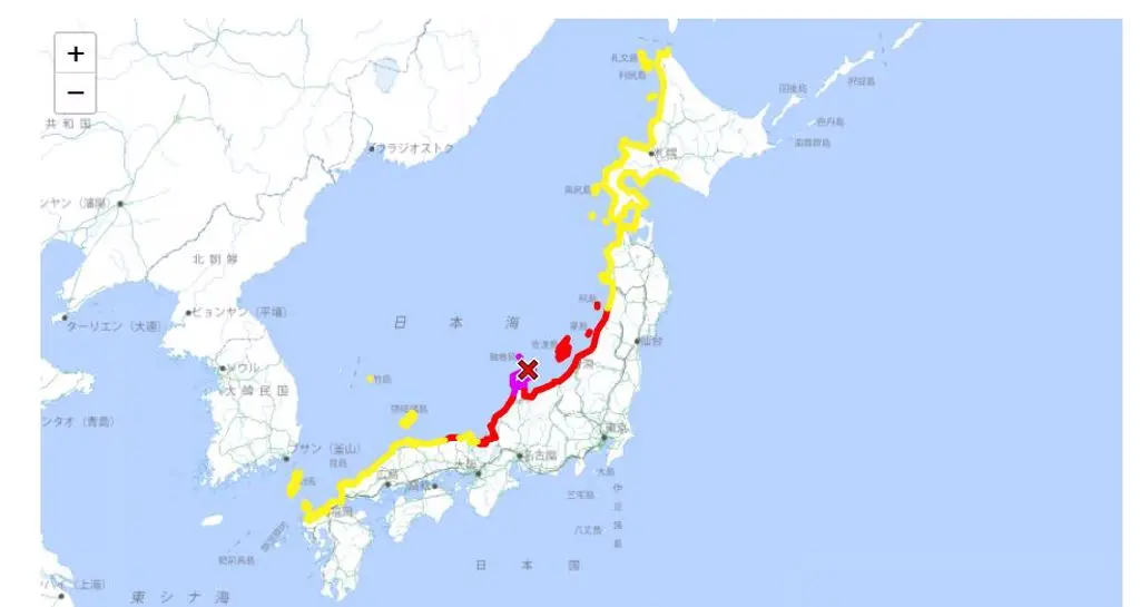 ▲日本石川縣能登半島在2024第一天，下午4點起陸續發生多起地震，規模芮氏規模最大達7.6，恐替日本言愛帶來5公尺高的海嘯。（圖／翻攝日本氣象廳）