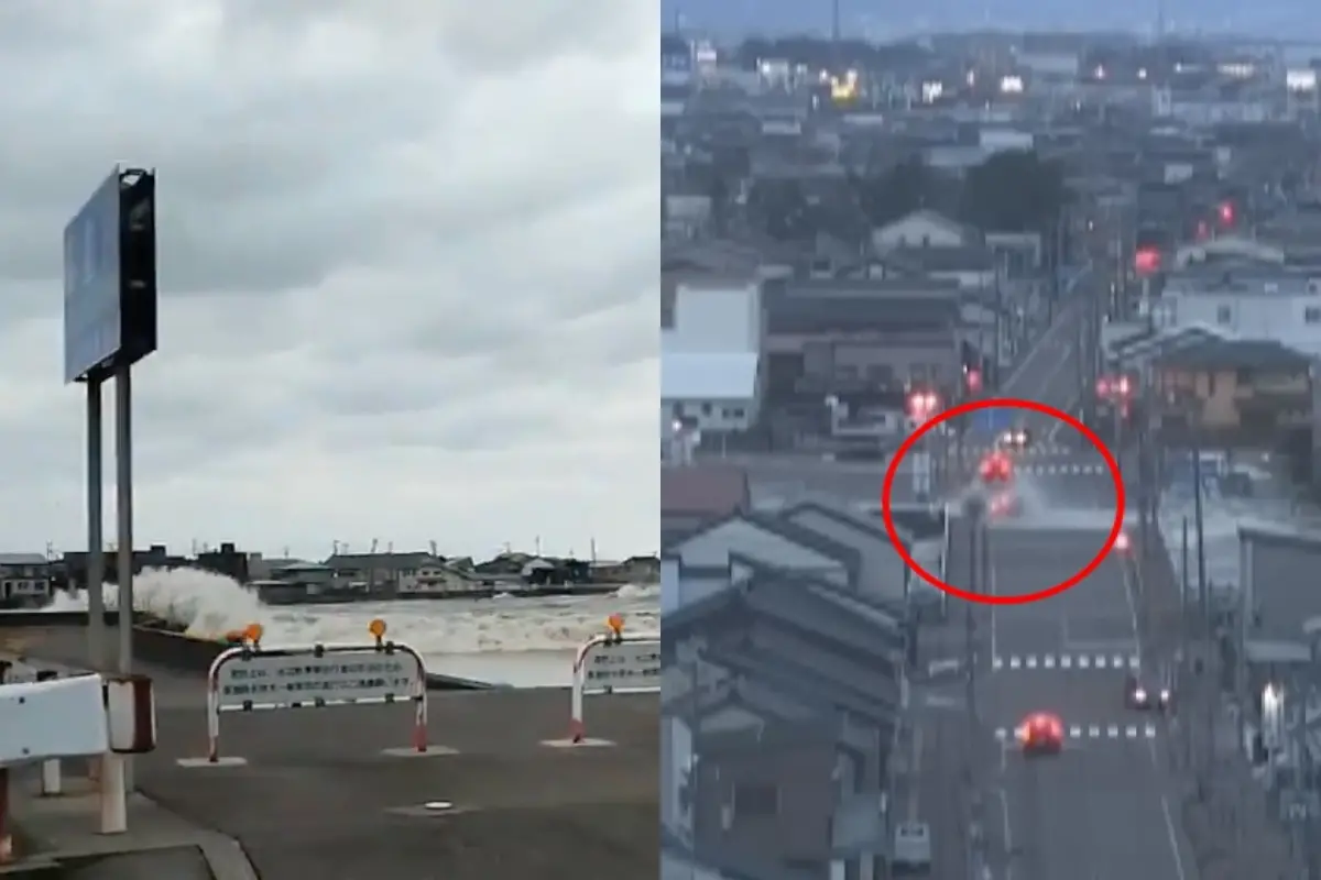▲新潟縣上越市某處監視器於傍晚錄下海嘯衝擊陸地的瞬間，海水猛灌河川的畫面也隨之曝光，上越市政府已緊急將附近居民近疏散。 （圖／翻攝自X、YouTube）