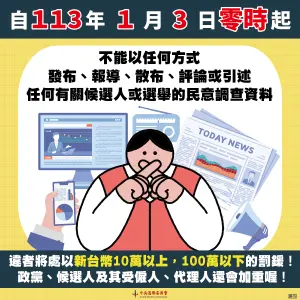 ▲中選會提醒，自明天零時開始不得發布民調。（圖／中選會提供）