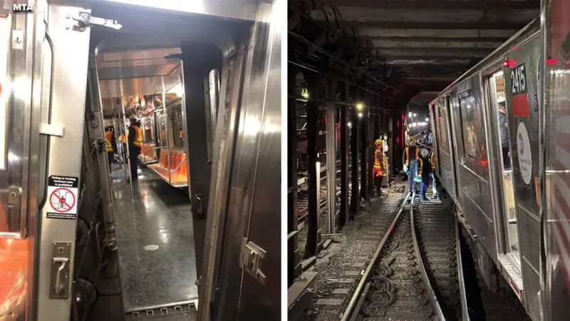 ▲美國紐約市地下鐵4日發生兩列車擦撞出軌事故，導致24人受傷，3條地鐵線服務嚴重中斷。（圖／翻攝自abc News）