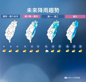 ▲晚間迎風面的北部及東部才有些短暫陣雨影響並延續至週日，北部及東部為陰有短暫陣雨的天氣。（圖／中央氣象署）