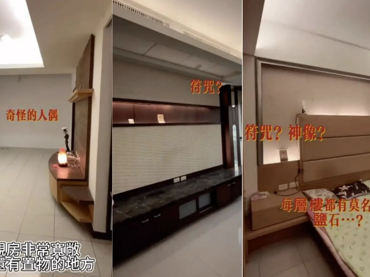 ▲台南市有房仲拍影片，開箱這間開價1880萬元的3死透天凶宅，屋內到處可見鹽燈，還有奇怪人偶。（圖／翻攝IG@tainan.house）