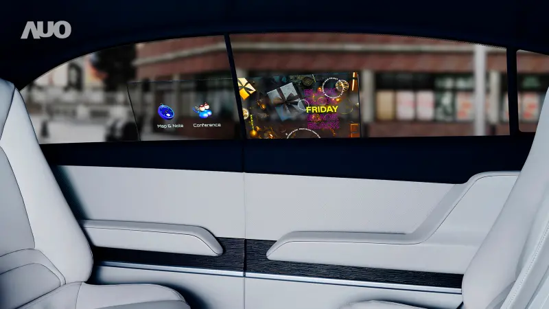 ▲友達「互動式透明智慧車窗」將高透明Micro LED顯示器整合到車側窗，並搭載觸控功能，進行娛樂、線上視訊會議及安全示警資訊顯示，引領沉浸式座艙創新感受。（圖／友達提供）