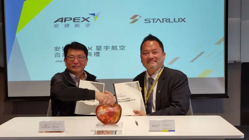 ▲安捷航空董事長高健祐（右）與星宇航空航務處副總李中寧（左）5日簽署飛行訓練合約，推動飛航人才培育工作。（圖／安捷航空提供）