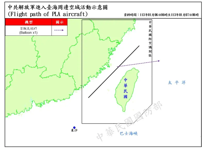 ▲國防部公布7日航跡圖,一枚中共空飄氣球飄過基隆。(圖/國防部提供)