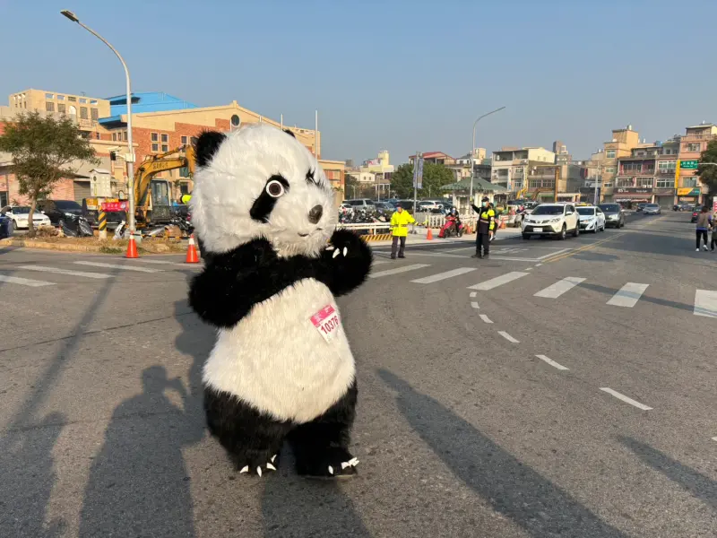 ▲金門馬跑友身穿全套熊貓打扮，跑完4K賽程，受到民眾熱情歡迎。（圖／記者路皓惟攝）