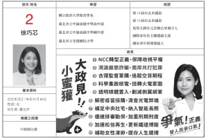 ▲台北市第7選舉區2號候選人徐巧芯政見。（圖／取自中選會選舉公報）