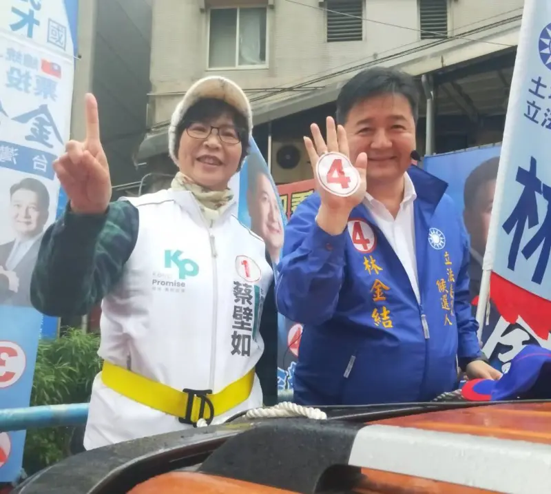 ▲林金結(右)請到民眾黨立委候選人蔡壁如(左)站台車隊掃街,營造基層藍白合氣勢。(圖 /翻攝林金結臉書)