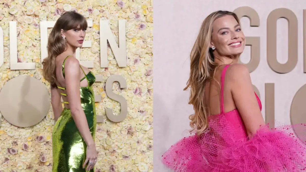 ▲瑪格羅比（右）在金球獎上，化身成真人芭比；泰勒絲身穿綠色亮片裝。（圖／美聯社／達志影像）